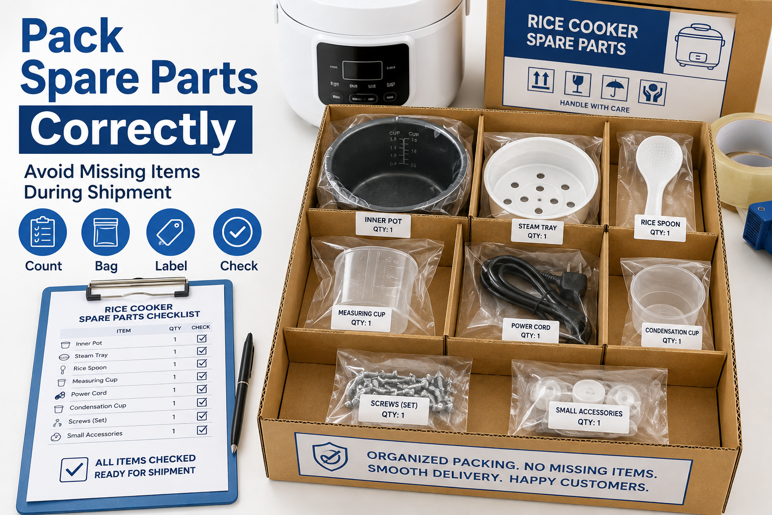 Rice cooker accessories laid out for verification