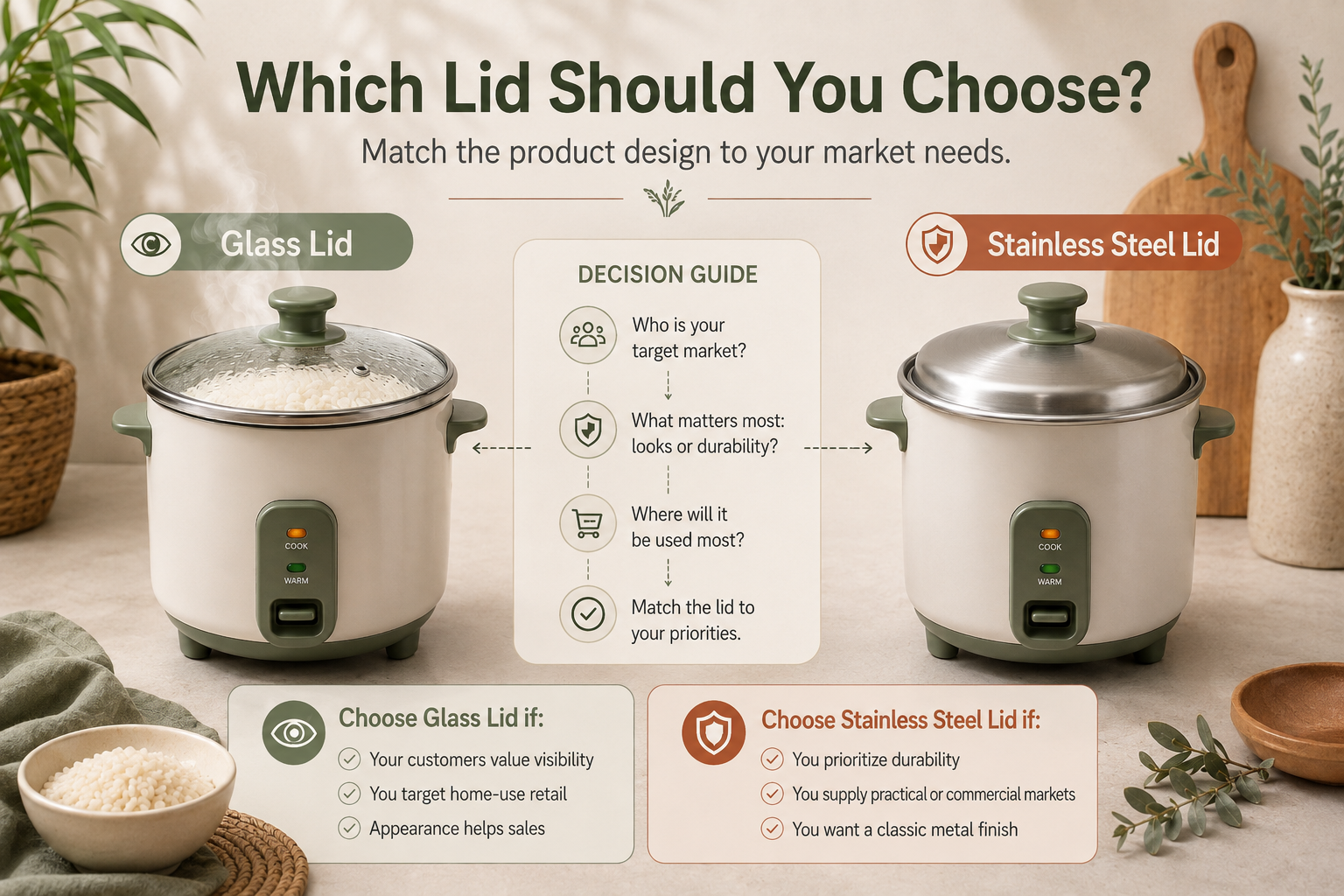 glass lid vs steel lid buyer decision factors decision tree for choosing rice cooker lid material