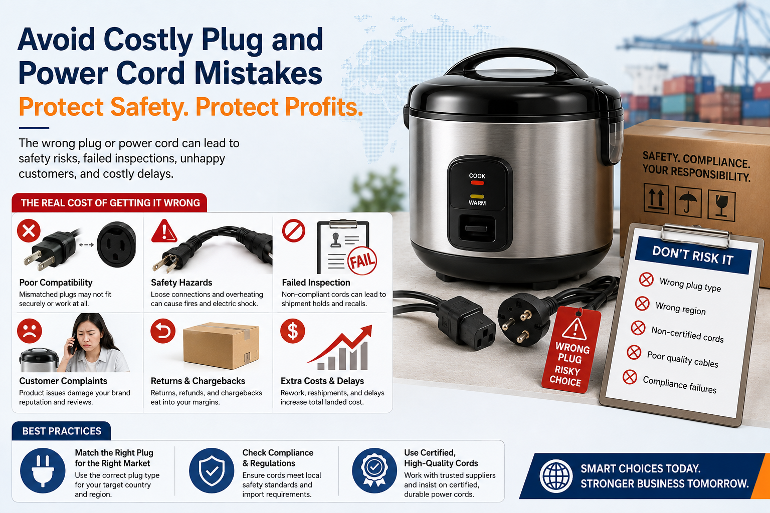 rice cooker power cord types laid out showing different international plugs