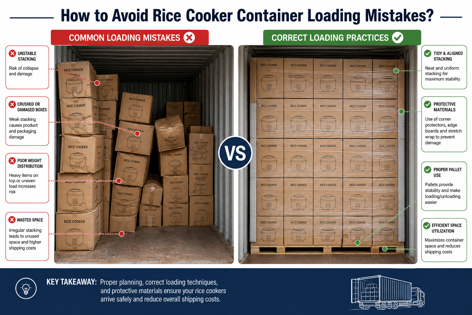 Rice cooker container loading arrangement Rice cooker cartons stacked inside container