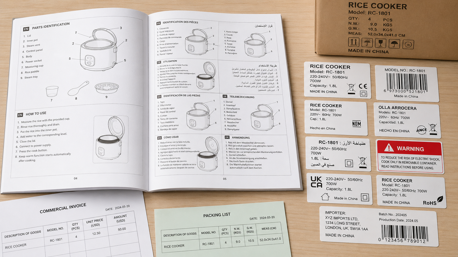 A close-up of a multilingual rice cooker user manual with complex diagrams and recipe sections.