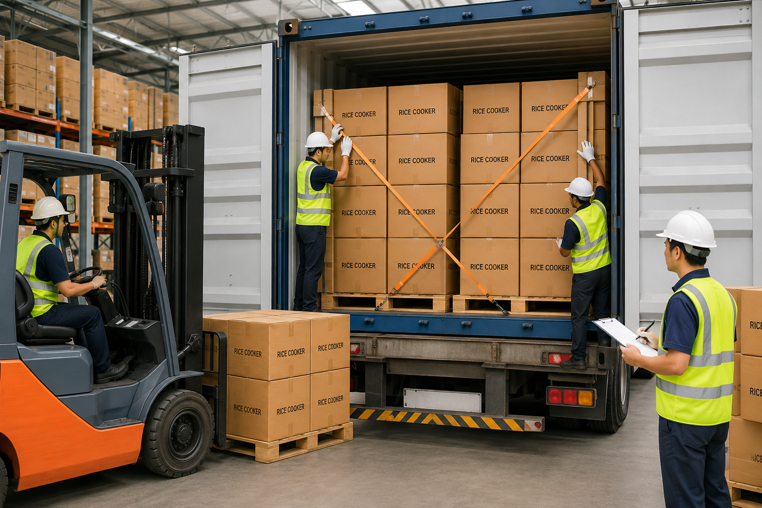 Factory manager reviewing loading arrangement with client Supplier and buyer discussing container loading plan